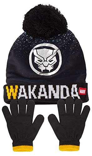 Marvel Jungen Bommelmütze + Handschuhe Winter Set Captain America oder Wakanda Black Panther Set, Black Panther, 6-8 Jahre von Marvel