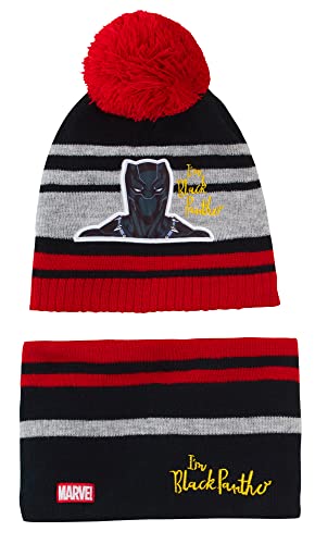 Marvel Jungen Bommelmütze + Schal Luxus Kintted Winter Set Captain America oder Black Panther Set, Black Panther, 6-8 Jahre von Marvel