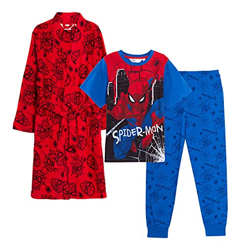 Marvel Jungen Spiderman Bademantel und Pyjama Set für Kinder passende 3-teilige Nachtwäsche Bademantel + Schlafanzüge für Jungen Pjs, rot, 110 von Marvel