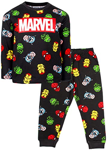 Marvel - Kinder-Schlafanzug – Schwarzer langärmeliger Schlafanzug mit Marvel Superhelden – 100% Baumwolle Nachtwäsche – Offizieller Marvel Merchandise, Schwarzes Muster, 110 von Marvel