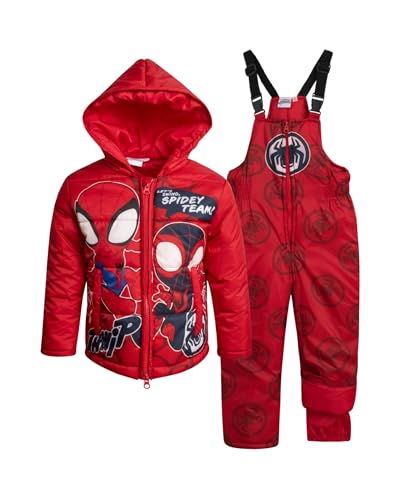 Marvel Spider-Man Jungen Schneeanzug Set - 2 Stück Isolierter Jungen Wintermantel Skijacke & Skihose Latzhose Latzhose für Kleinkinder, Größe 4T, Spidey und Miles Rot von Marvel