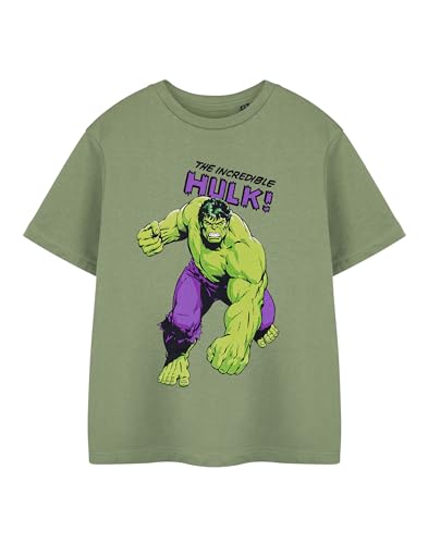 Marvel Kinder T-Shirt mit Ärmeln für Jungen in Khaki | Das Hulk Grafik T-Shirt für Kinder | Kurzarm Comics Bekleidung | Grünes Hulk-Logo-Shirt | Superhelden-Film-Merchandise-Geschenk von Marvel