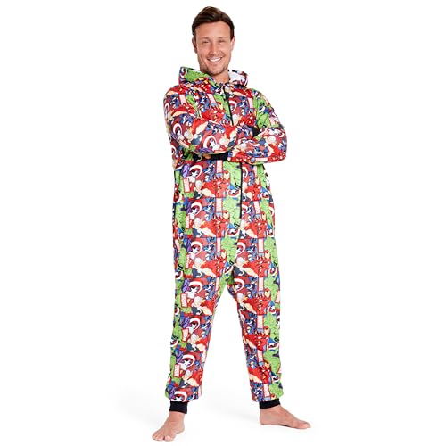 Marvel Onesie Herren mit Kupuze, Fleece Schlafoveralls für Herren Teenager, Jumpsuit Herren Lang - Größen S bis XXL (Mehrfarbig, 2XL) von Marvel