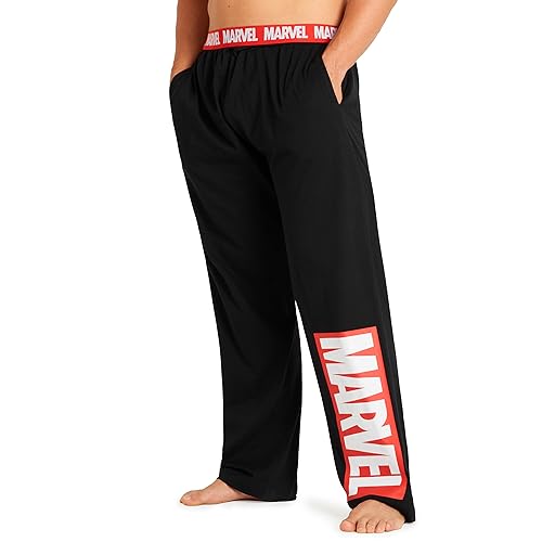 Marvel Schlafanzug Herren Lang, Avengers Freizeithose Herren, Baumwolle Pyjama Lang (Schwarz/Rot, 2XL) von Marvel