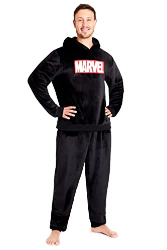 Marvel Schlafanzug Herren Lang, Fleece Hausanzug Herren Pyjama mit Hoodie Herren Oberteil(Schwarz, 3XL) von Marvel