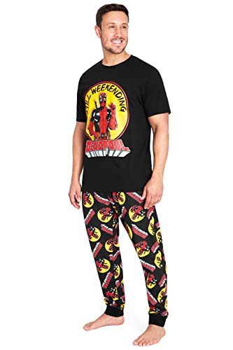 Marvel Schlafanzug Herren Lang Deadpool Avengers Pyjama Set Kurzarm Nachtwäsche Herren Teens Länge Pyjamahose (Schwarz, M) von Marvel