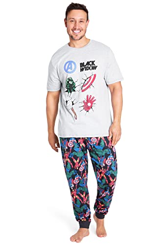 Marvel Schlafanzug Herren Lang Deadpool Avengers Pyjama Set Kurzarm Nachtwäsche Herren Teens Länge Pyjamahose (Grau/Mehrfarbig, 2XL) von Marvel