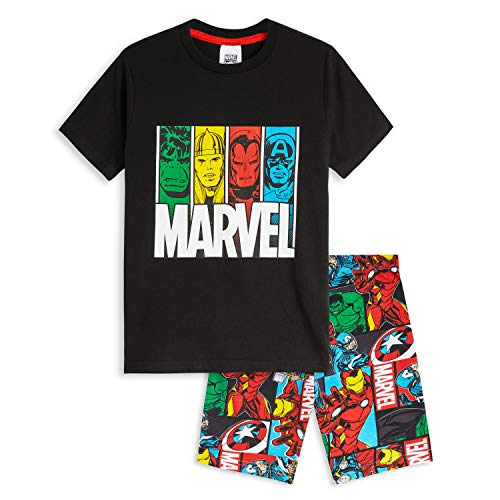 Marvel Schlafanzug Jungen, Pyjama Set T-Shirt mit Rundhalsausschnitt und Kurzer Schlafhose Pyjama Shorts - Geschenke für Jungs (Schwarz/Mehrfarbig Avengers, 11-12 Jahre) von Marvel