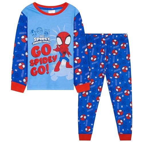 Marvel Schlafanzug Jungen Lang, Spiderman Schlafanzug Kinder Jungen Zweiteilige Kinder Schlafanzug Set, Baby Teenager 2-14 Jahre Geschenke für Kinder (Blau Spidey, 7-8 Jahre) von Marvel