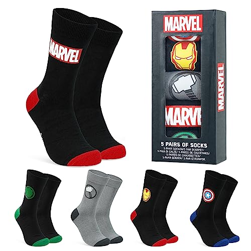 Marvel Socken Herren, 5er-Pack Baumwolle Herrensocken Avengers, Lustigen Socken Set Größe 39-46 - Geschenke für Männer (Schwarz/Grau, 40-46 EU) von Marvel