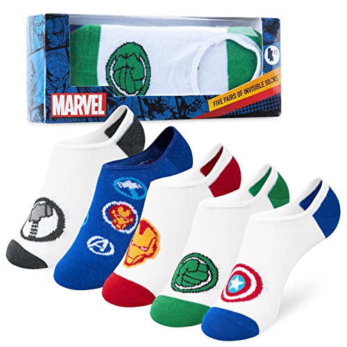 Marvel Socken Kinder Jungen und Mädchen 5 Pack Lustige Kindersocken Avengers Spiderman Socken Offizielles Kleidung Kinder Sneaker Socken Kinder 30-35 und 35-40 (Blau/Weiß Avengers, 35-40 EU) von Marvel