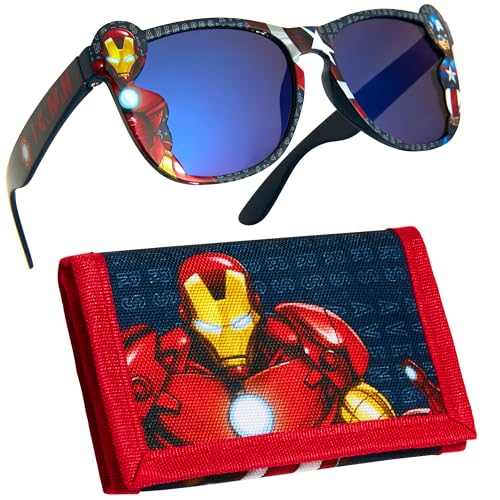 Marvel Sonnenbrille UV Schutz & Geldbeutel Kinder Set - Geschenke für Jungs (Rot/Schwarz Avengers) von Marvel