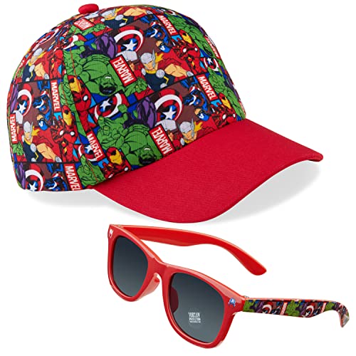 Marvel Sonnenhut Kinder Baseball Cap und Sonnenbrille Kinder Set Avengers Kappe Kinder Jungen Mütze Sommer Zubehör Einheitsgröße Verstellbarer Riemen Geschenke für Jungen (Rot/Multi) von Marvel