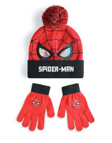Marvel Spiderman-Beanie-Mütze und Handschuhe-Set für Jungen | Rot-schwarze gestrickte Wintermütze mit Spiderman-Augen und Netz | Bommelmütze für Kinder in Einheitsgröße mit Handschuhen von Marvel