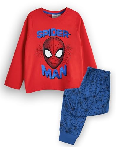 Marvel Spiderman Jungen Pyjama Set | Kinder Superhero Langarm Langbein Grafik in Rot und Blau | Spider Man Maskenoberteil durchgehend Bedruckte Unterteile mit Schwimmhäuten | Nachtwäsche Merchandise von Marvel