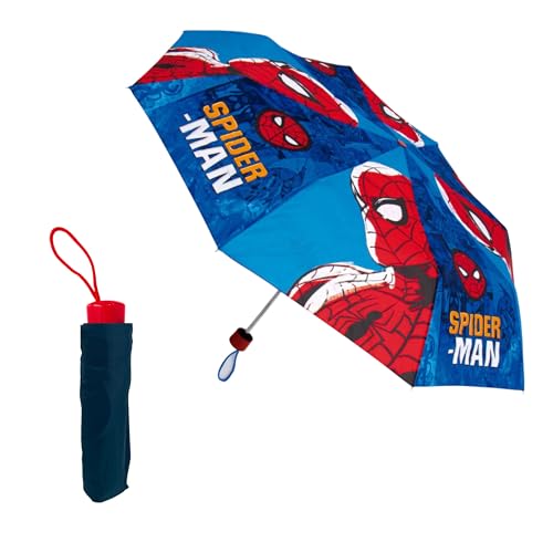 Marvel Spiderman Kompakter Faltschirm, Kinderschirm, Hochfeste Struktur, Klassischer Regenschirm im Spiderman Design – Rot von Marvel