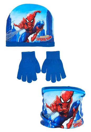 Marvel Spiderman Mütze, Handschuhe und Schal Set | Winter | Beanie | The Amazing Spider-Man | Loop | Schlauchschal kleine Geschenke für Jungen (Blau, 52) von Marvel