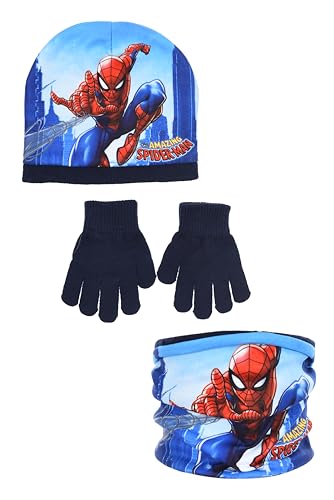 Marvel Spiderman Mütze, Handschuhe und Schal Set | Winter | Beanie | The Amazing Spider-Man | Loop | Schlauchschal kleine Geschenke für Jungen (Dunkelblau, 52) von Marvel