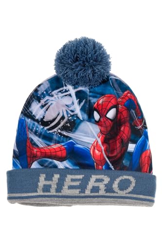 Marvel Spiderman Mütze für Jungen, Wintermütze für Jungen, Maschen Set-Mütze, Bommelmütze, Winter Accessoires für Kinder - Blau von Marvel