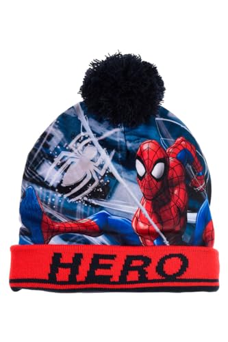 Marvel Spiderman Mütze für Jungen, Wintermütze für Jungen, Maschen Set-Mütze, Bommelmütze, Winter Accessoires für Kinder - Rot von Marvel