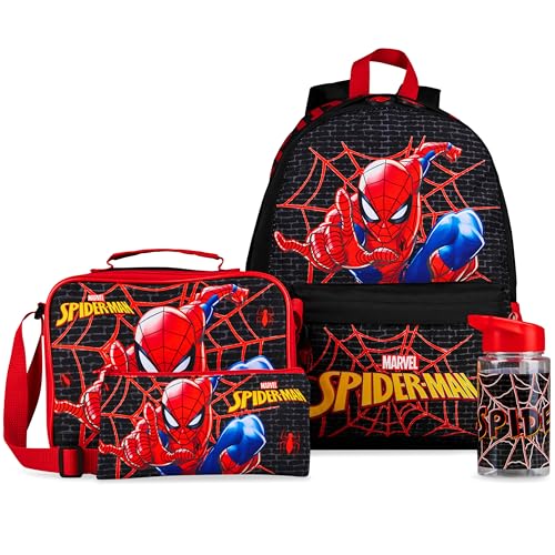 Marvel Spiderman Rucksack Jungen 4-er Set mit Trinkflasche 400ml Federmäppchen und Isolierte Lunchtasche Vorschule Uni Schule von Marvel