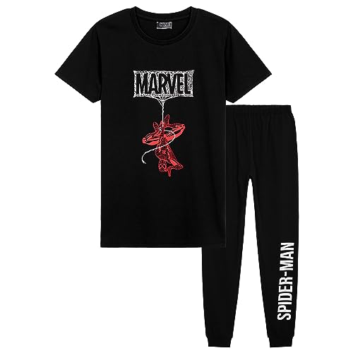 Marvel Spiderman Schlafanzug Jungen Pyjama Kinder 4-14 Jahre Sommer Winter Nachtwäsche Oberteil Kurzarm Pyjamahose Lang (Schwarz, 4-5 Jahre) von Marvel