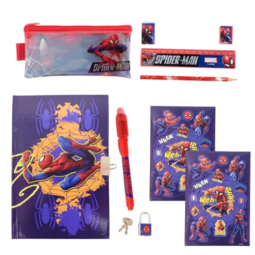 Marvel Spiderman Schreibwarenset, Inkl. Etui, Lineal, Bleistift, Kugelschreiber, Aufkleber, Radiergummi, Anspitzer, Notizbuch und Schloss mit Schlüsseln, Schreibwarenset für Kinder von Marvel