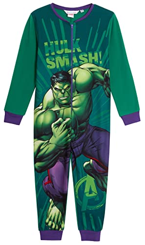 Marvel The Incredible Hulk Einteiler für Jungen Fleece-Schlafanzug All In One Schlafanzug Kinder Pjs Reißverschluss Nachtwäsche Loungewear, grün, 104 von Marvel