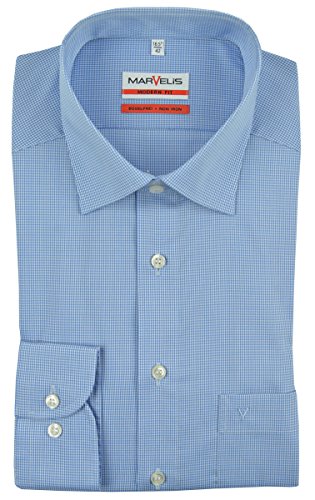 Marvelis Herren Businesshemd Non-Iron Modern Fit, Langarm, Kent-Kragen, Mini Vichy, 100% Baumwolle, bleu 11, 38 von Marvelis