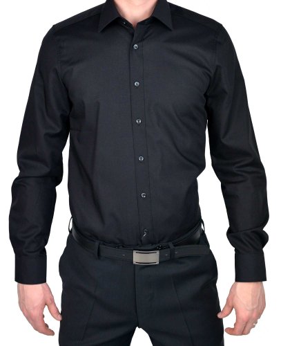 Marvelis Herren Businesshemd Body Fit, extralang, Kent-Kragen, Uni Popeline, 100% Baumwolle, schwarz 68, 42 von Marvelis