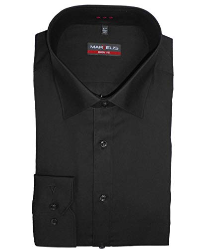 Marvelis Herren Businesshemd Body Fit, extralang, Kent-Kragen, Uni Popeline, 100% Baumwolle, schwarz 68, 44 von Marvelis