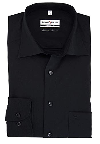 Marvelis Herren Businesshemd Non-Iron Comfort Fit, Langarm, Kent-Kragen, Uni Popeline, 100% Baumwolle, schwarz 68, 45 von Marvelis