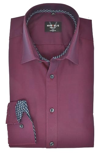 Marvelis Herren Businesshemd Body Fit Kent Kragen Langarm Einfarbig Bordeaux, Kragenweite:39 von Marvelis