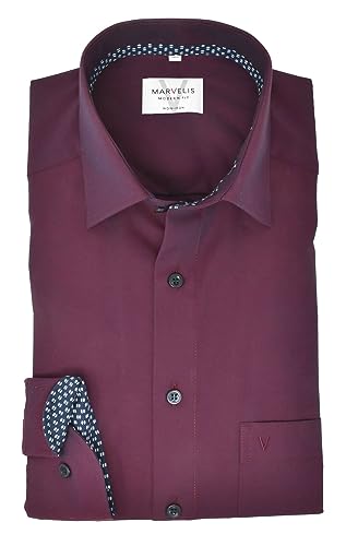 Marvelis Herren Businesshemd Modern Fit Kent Kragen Langarm Einfarbig Bordeaux, Kragenweite:42 von Marvelis