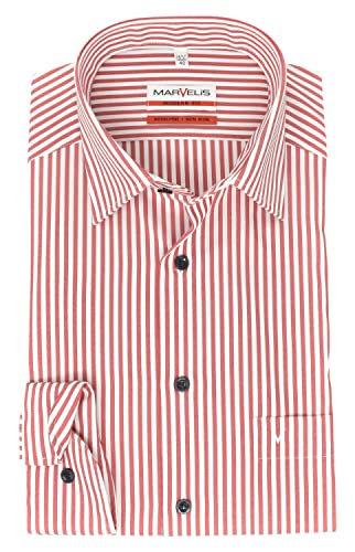 Marvelis Herren Businesshemd Modern Fit Kent Kragen Langarm Gestreift Rot, Kragenweite:47 von Marvelis