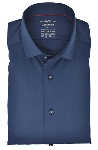 Marvelis Herren Easy to Wear Hemd Modern Fit Kent Kragen Langarm Stretch Einfarbig Dunkelblau, Kragenweite:39 von Marvelis