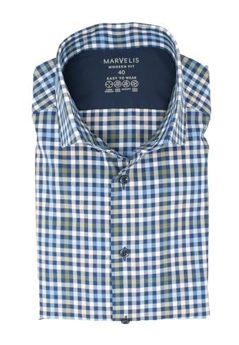 Marvelis Herren Easy to Wear Hemd Modern Fit Kent Kragen Langarm Stretch Kariert Grün, Kragenweite:42 von Marvelis