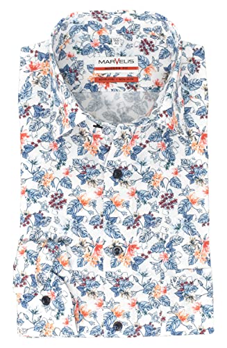 Marvelis Herren Kurzarmhemd Modern Fit Kent Kragen Langarm Florales Muster Weiß/Blau/Rot, Kragenweite:39 von Marvelis