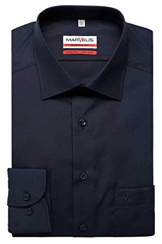 Marvelis Herren Businesshemd Non-Iron Modern Fit, Langarm, Kent-Kragen, Uni Popeline, 100% Baumwolle, Navy 80, 42 von Marvelis