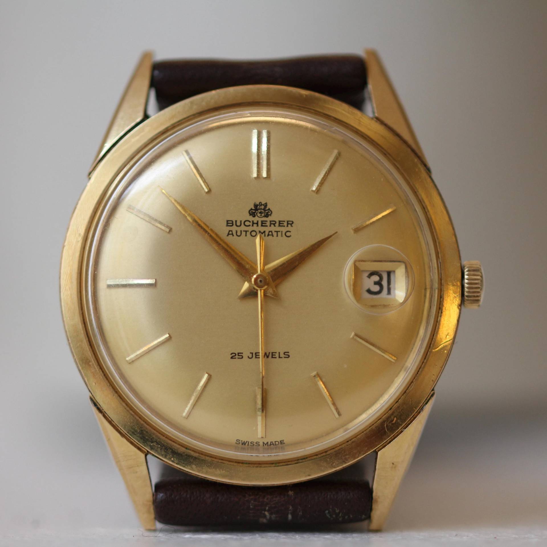 Vintage 1960S Bucherer Automatic Dress Watch 35mm - Date Swiss Made Eta Movement Golden Dial von MarvellousTimepieces