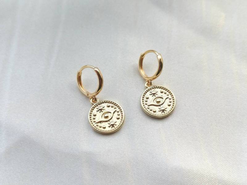14K Gold Plated Cute Huggie Hoops Huggies Ohrringe Ohrhänger Earrings Birthday Gift Idea For Her Golden Elegant Crystal Third Eye Eyes Round von MarvelousMaCreations