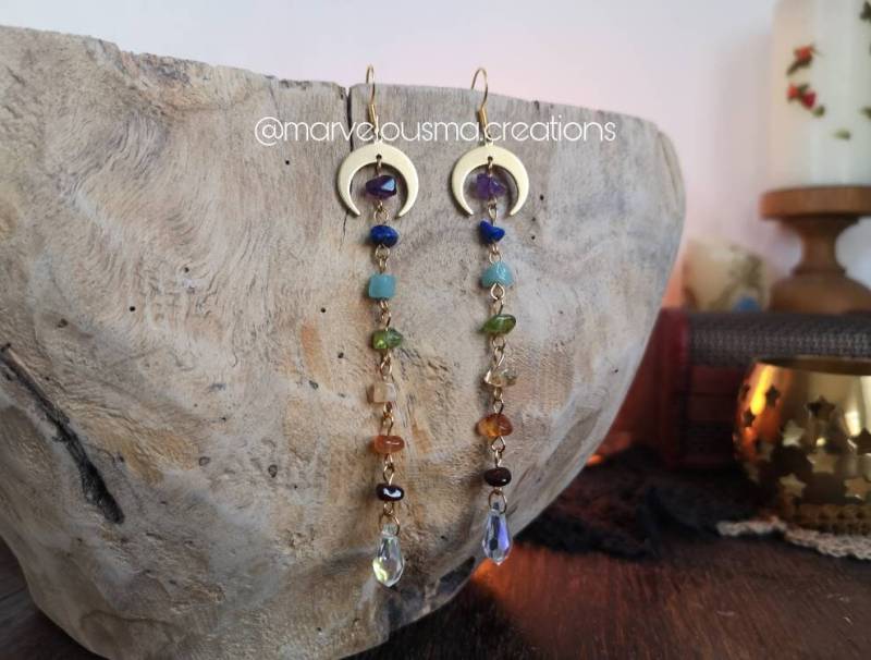 Ohrringe Ohrhänger Earrings Geschenk Brass Messing Gold Hippie Witchy Magical Rainbow Daisy Crystals Crystal Sun Catcher Amethyst Citrine von MarvelousMaCreations