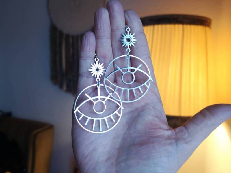 Ohrringe Ohrhänger Earrings Silver Metal Alloy Witchy Magical Moon Sun Star Ear Hangers Hoop Earring Celestial Moons Stars Eyes Third Eye von MarvelousMaCreations