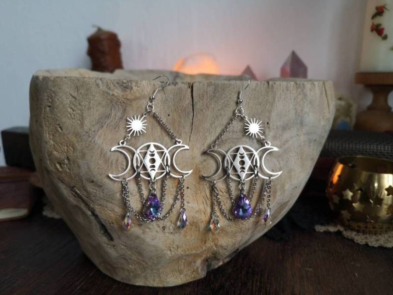 Ohrringe Ohrhänger Hanging Earrings Silver Stainless Steel Witchy Magical Moon Phase Mond Star Witch Mondphasen Sun Catcher Sacred Geometry von MarvelousMaCreations
