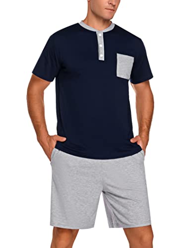 Marvmys Baumwoll-Pyjama-Set für Herren, kurze Ärmel, Nachtwäsche, 2-teilig, bequeme Nachtwäsche, Pyjama-Sets mit Shorts, Dunkelblauer Henley-Ausschnitt, XX-Large von Marvmys