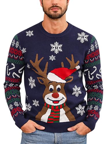 Herren Weihnachtspullover Hässlicher Weihnachtspulli Christmas Sweater Schneeflocken Elch Stricken Herrenpullover mit Rundhalsausschnitt und langen Ärmeln für Herren Weihnachtsparty A-Navy blau S von Marvmys