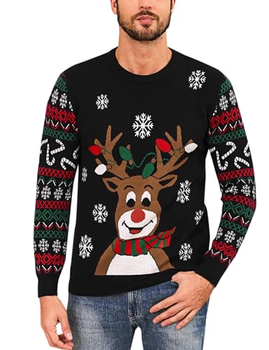 Herren Weihnachtspullover Hässlicher Weihnachtspulli Christmas Sweater Schneeflocken Elch Stricken Herrenpullover mit Rundhalsausschnitt und langen Ärmeln für Herren Weihnachtsparty A-Schwarz XXL von Marvmys