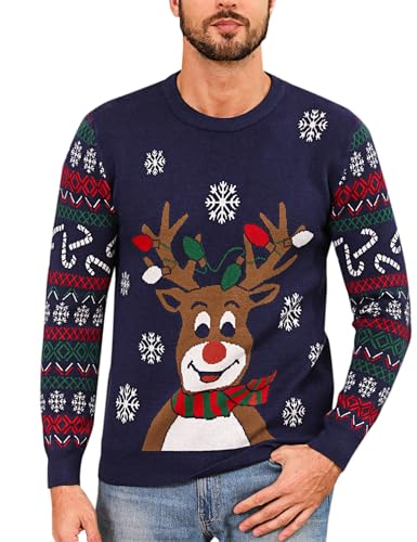 Herren Weihnachtspullover Hässlicher Weihnachtspulli Christmas Sweater Schneeflocken Elch Stricken Herrenpullover mit Rundhalsausschnitt und langen Ärmeln für Herren Weihnachtsparty B-Navy blau XXL von Marvmys