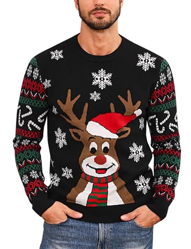 Herren Weihnachtspullover Hässlicher Weihnachtspulli Christmas Sweater Schneeflocken Elch Stricken Herrenpullover mit Rundhalsausschnitt und langen Ärmeln für Herren Weihnachtsparty B-Schwarz L von Marvmys