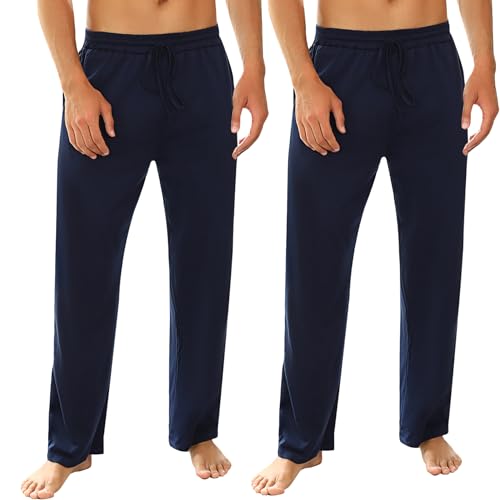 Marvmys 100% Baumwolle Herren Lange Schlafanzughose Einfarbige Pyjamahose Schlafhose Haushose Freizeithose Yogahose mit Gürtel und Taschen dunkelblau+dunkelblau L von Marvmys